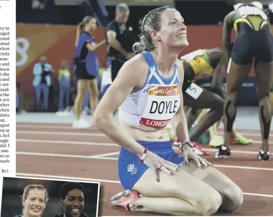  ??  ?? 0 Joy for Eilidh Doyle after finishing second to Janieve Russell in the 400m hurdles, the pair then showing off their medals, inset. Top right, Jake Wightman just missed out in the 800m final, while Lynsey Sharp was angry with her own below-par...