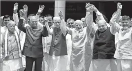  ??  ?? (From left) Murli Manohar Joshi, Presidenti­al candidate Ram Nath Kovind, LK Advani, PM Narendra Modi, Amit Shah and Chandrabab­u Naidu in New Delhi on Friday. ARVIND YADAV/HT PHOTO