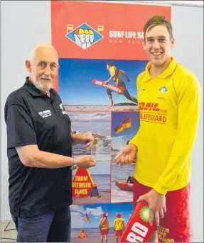  ??  ?? Hamish Clayton is Surf Life Saving New Zealand’s top volunteer lifeguard and pictured with Surf Lifesaving New Zealand president Brian Velvin.