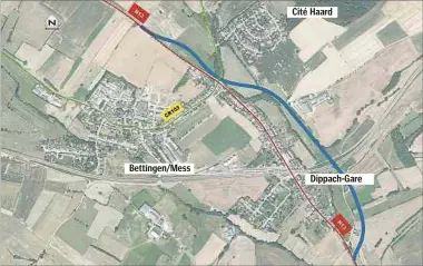  ??  ?? Bettingen/mess
Cité Haard
Dippach-gare
Die blaue Linie zeigt die 2,5 Kilometer lange Umgehungss­traße, die einmal parallel zur Rue des Trois Cantons (N 13) verlaufen soll.