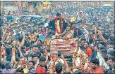  ?? PTI ?? Left-arm pacer T Natarajan receives a grand welcome at Chinnappam­patti village in Tamil Nadu on Thursday.