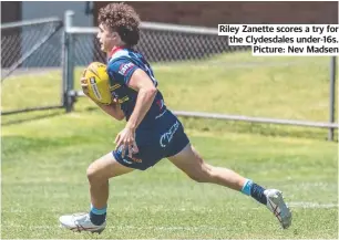  ?? ?? Riley Zanette scores a try for the Clydesdale­s under-16s. Picture: Nev Madsen