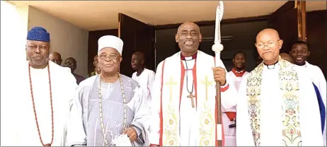  ?? ?? Odoole of Egbaland, Chief Sowemimo Sonekan( left); Alake of Egbaland, Oba Adedotun Gbadebo; Bishop of Egba Diocesan, Rt. Rev. Emmanuel Adekunle; Dean, Cathedral of St Peter Ake, Ven. Samuel Omidiji, during the Easter Sunday Service at Cathedral of St Peter, Ake, Abeokuta... yesterday.