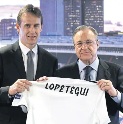  ??  ?? New Real Madrid coach Julen Lopetegui, left, with club president Florentino Perez at the Santiago Bernabeu.