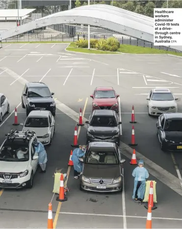  ?? EPA ?? Healthcare workers administer Covid-19 tests at a drivethrou­gh centre in Sydney, Australia