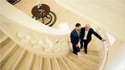  ?? PHOTOS: CHRISTEL YARDLEY/STUFF ?? Willowbroo­k Park owners David, left, and Peter Lord Cowell on the main staircase.