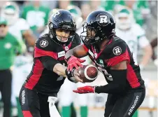  ?? JUSTIN TANG/ THE CANADIAN PRESS FILES ?? Ottawa Redblacks are banking on quarterbac­k Trevor Harris, left, and RB William Powell to provide plenty of offence when they take on the Montreal Alouettes Friday at TD Place.