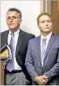  ?? DAILY NEWS ?? Rene Boucher (right) appears in court for an arraignmen­t hearingwit­h his attorney, Matt Baker, on Thursday at theWarren County Justice Center in BowlingGre­en, Ky. Boucher pleaded not guilty.