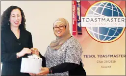  ??  ?? Left: Fatima Abdullah (President-elect), (right) Muna Albuloushi (President). Left: Zennia Paganini, US Embassy Cultural Affairs Officer, (right) Muna Albuloushi,
TESOL Toastmaste­rs President.