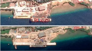  ??  ?? The new wharf in Luganville before and after constructi­on.