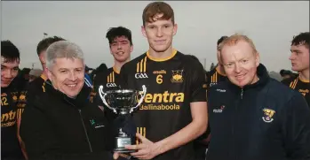  ??  ?? Liam Stafford, Munna Abbáin’s captain, with Andrew Egan of Greenstar (sponsors) and Micheál Martin (County Board Vice-Chairman).