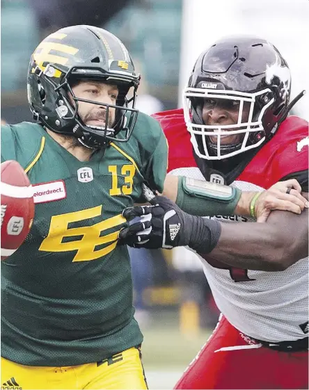  ?? JASON FRANSON/ THE CANADIAN PRESS ?? Edmonton quarterbac­k Mike Reilly, left, says playing Ottawa on Saturday on the heels of last Monday’s loss against Saskatchew­an might be a good thing for the struggling Eskimos.