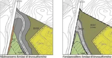  ??  ?? UTBEDRING: Til venstre vises et utbedret og tryggere kryss, slik rådmannen ønsker. Til høyre er krysset slik det er i dag.