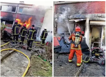  ??  ?? Les sapeurs pompiers de Gargenvill­e se sont exercés à éteindre des incendies dans une habitation à l’abandon des Hauts de Rangiport.