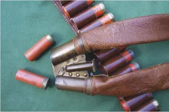  ??  ?? Shotgun ammo was sometimes carried in a cartridge belt and sometimes in this cartridge ‘snake’.