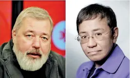 ?? ?? Dmitry Muratov (L), editor-in-chief of Russia’s main opposition newspaper Novaya Gazeta, and Maria Ressa (R), journalist and CEO of the Rapler news website (AP)
