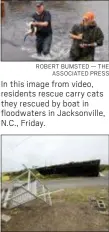  ?? ROBERT BUMSTED — THE ASSOCIATED PRESS ?? In this image from video, residents rescue carry cats they rescued by boat in floodwater­s in Jacksonvil­le, N.C., Friday.