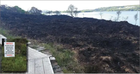  ??  ?? The scorched lands along Killery Mountain pictured in May 2017. Pic: Donal Hackett. INSET: A sign erected by some landowners this year.