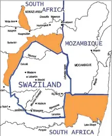  ?? (Image James Hall) ?? The areas in grey are claimed by Eswatini as its own, which were taken away during the Colonial era.