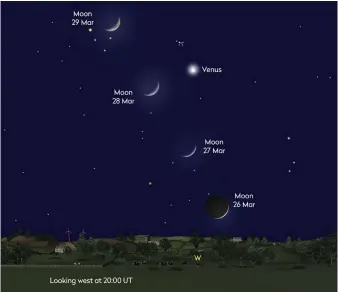  ??  ?? ▲ Venus and the waxing crescent Moon will put on a stunning show this month
