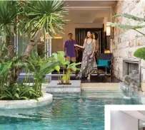  ??  ?? Right: Inside a Luxury Room with pool access. Above: Tropical plants and water features add a touch of tranquilit­y. Top: An aerial view of Sofitel Bali Nusa Dua Beach Resort.