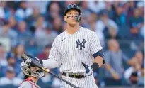  ?? FRANK FRANKLIN II/AP ?? The New York Yankees’ Aaron Judge reacts after striking out against the Cleveland Guardians on Friday in New York.