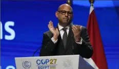  ?? Associated Press ?? U.N. climate chief Simon Stiell claps as he speaks Sunday during the COP27 U.N. climate summit in Egypt.