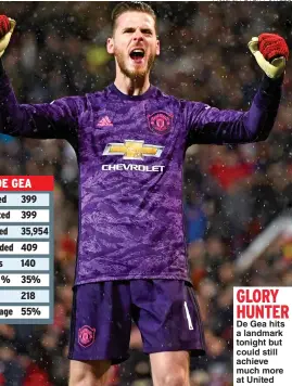  ?? Picture: PETER POWELL ?? GLORY HUNTER De Gea hits a landmark tonight but could still achieve much more at United