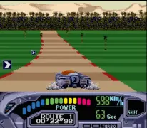  ??  ?? » [Mega Drive] You clearly can’t see it here, but the sense of speed in Outrun 2019 is truly sensationa­l, Darran really regrets selling off his Japanese copy.