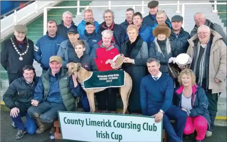  ??  ?? Mary Fitzgerald, sponsor, presenting an award to Mary Nolan, in red jacket, after Octane Wonder won the Irish Purse at the Irish Cup coursing meeting in Limerick at the weekend. Lady Geraldine, the Countess of Dunraven, is presenting an award to joint...