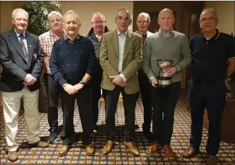  ??  ?? Festival Cup prize-winners in Wexford (from left): Jackie Lynn (Captain), Jim Turner, George Roche, Liam Flood, Richard Foley (ESET Ireland, sponsors), Tom Sullivan, Fintan McCleane (winner), Jim Keane (runner-up).