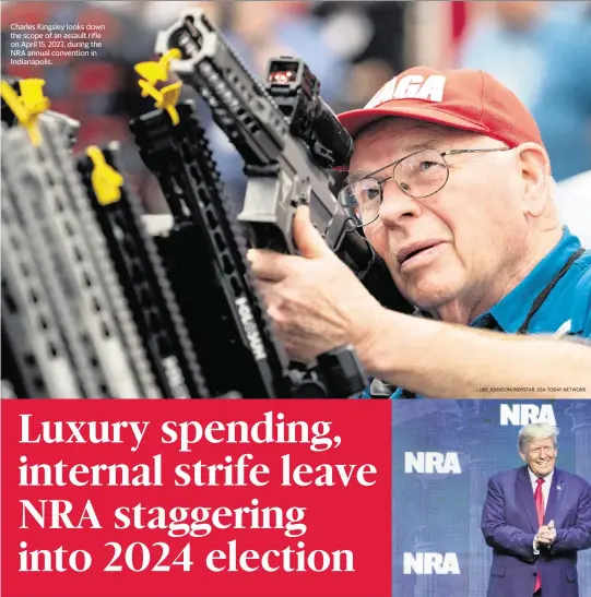  ?? LUKE JOHNSON/INDYSTAR USA TODAY NETWORK LUKE JOHNSON USA TODAY NETWORK ?? Charles Kingsley looks down the scope of an assault rifle on April 15, 2023, during the NRA annual convention in Indianapol­is.