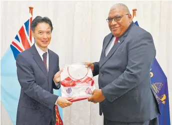  ?? Picture: FIJI GOVERNMENT ?? Ambassador Michii with His Excellency the President.