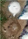  ?? AFP ?? Nasa image taken on Sept 7, 1986 showing the Okjökull glacier atop the Ok Volcano (top). And a image taken on August 1, 2019, shows disappeara­nce of the glacier. —