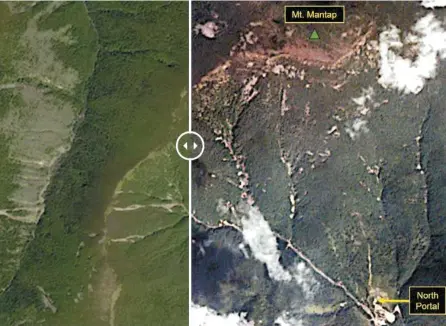  ?? Yonhap ?? 38 North, a U.S. website specializi­ng in North Korea-related issues, has released two satellite images obtained before and after the Kim Jong-un regime’s sixth nuclear test in Punggye-ri, Sept. 3. The left image shows undamaged slopes of a mountain...