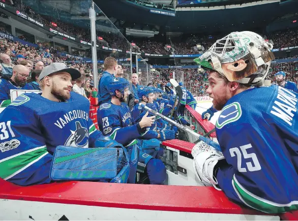  ?? JEFF VINNICK/NHLI VIA GETTY IMAGES ?? While Canucks goalies Anders Nilsson and Jacob Markstrom are competing for time between the pipes, Markstrom says “Anders and I had a really good conversati­on off the ice in trying to help each other as much as we can.” Markstrom sports a 2.79 GAA and...