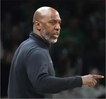  ?? CHARLES KRUPA — THE ASSOCIATED PRESS ?? Portland Trail Blazers head coach Chauncey Billups calls to his players during the first half of an NBA basketball game against the Boston Celtics, Sunday, April 7, 2024, in Boston.
