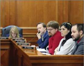  ?? JOEY CAPPELLETT­I — THE ASSOCIATED PRESS ?? Democratic state Reps., from left, Denise Mentzer, Matt Koleszar, Joey Andrews,
Jaime Churches and Dylan Wegela, listen as testimony is given during a House Labor Committee meeting, Wednesday, in Lansing, on repealing the state’s right-to-work law and restoring prevailing wages.