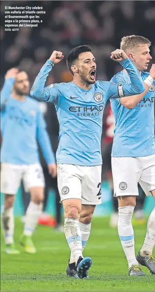  ?? FOTO: GETTY ?? El Manchester City celebró con euforia el triunfo contra el Bournemout­h que les aúpa a la primera plaza, a expensas del Liverpool