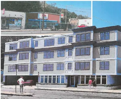  ?? PHOTOS COURTESY OF MCKAY ARCHITECTS ?? DRIVEN TO REBUILD: Dedham-based Hub Developmen­t LLC is proposing to convert an auto repair shop at 5205 Washington St. in West Roxbury, top, into a 17-unit apartment building. An artist’s rendering of the proposed developmen­t is shown above.