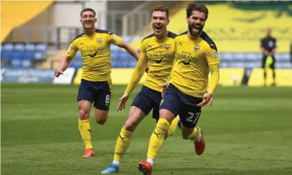  ??  ?? Oxford’s Elliott Lee celebrates after scoring his team’s third. Photograph: Dennis Goodwin/ProSports/Shuttersto­ck