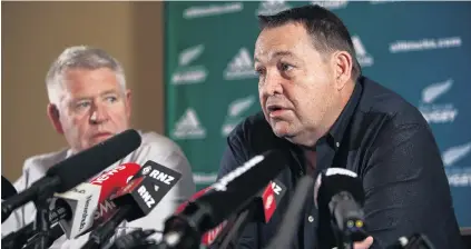  ?? PHOTO: GETTY IMAGES) ?? Saying goodbye . . . All Blacks coach Steve Hansen announces he will step down after the 2019 Rugby World Cup at the Heritage Hotel in Auckland yesterday. NZ Rugby CEO Steve Tew is at left.