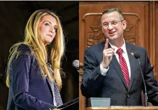  ?? ALYSSA POINTER / ALYSSA.POINTER@AJC.COM JOHN SPINK / JSPINK@AJC.COM ?? Left: U.S. Sen. Kelly Loeffler plans to spend at least $20 million to keep her Senate seat. Her campaign unveiled a television ad Tuesday emphasizin­g her rural roots.
Right: U.S. Rep. Doug Collins addresses the Georgia House on Tuesday as its chaplain of the day. He avoided any mention of seeking a higher office during his remarks.