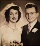  ?? ?? Above: Freddie and Freda Knoller on their wedding day 70 years ago. Below: portrait head of Knoller created by sculptor Frances Segelman