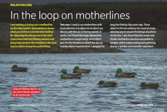  ??  ?? Long-line fishing clips let you attach decoys anywhere on the motherline