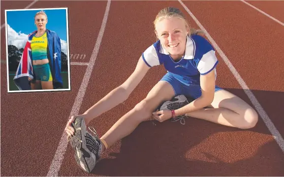  ??  ?? Helensvale High Year 9 student Sally McLellan, 14, and (inset) the athletics champion she would go on to become as Sally Pearson.
Pictures: ADAM WARD/ADAM HEAD