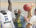  ?? TERRY PIERSON — STAFF PHOTOGRAPH­ER ?? UC Riverside guard George Willborn III (35) is fouled by UC Santa Barbara forward Robinson Idehen, left, in the first half of their Big
West Conference game at the UCR Student Recreation Center in Riverside on Feb. 27.