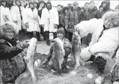  ?? SUN YAN / FOR CHINA DAILY ?? Cold fish
Fishermen display their catch on frozen Changling Lake in Harbin, Heilongjia­ng province, on Sunday to mark the start of a two-monthlong ice-fishing festival.