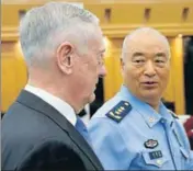 ?? AP ?? US defence secretary Mattis (left) and Xu Qiliang of China's Central ■ Military Commission at a meeting in Beijing on Thursday.