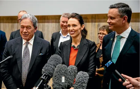  ?? ABIGAIL DOUGHERTY/STUFF ?? From left, Deputy Prime Minister Winston Peters, Prime Minister Jacinda Ardern and Green Party co-leader James Shaw combine the attributes of experience, vitality and respect for the environmen­t, and have accepted that co-operation works more effectivel­y than one-upmanship.